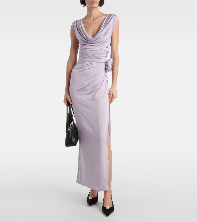 Draped Cowl Neck Side Slit 3D Floral Dress