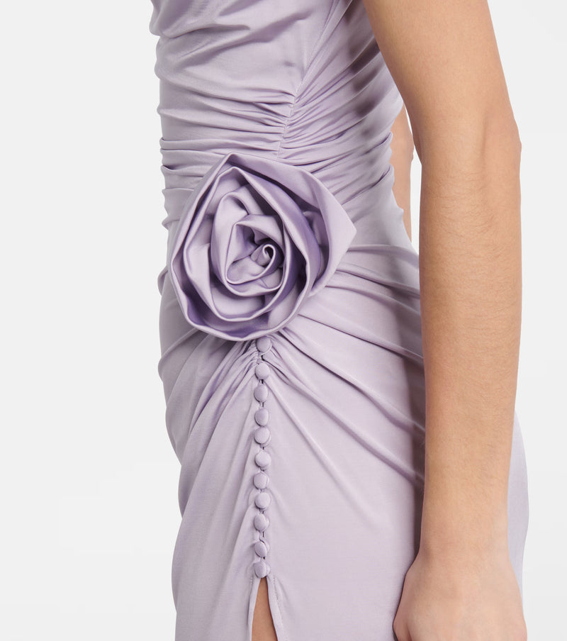 Draped Cowl Neck Side Slit 3D Floral Dress