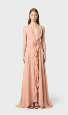Halter Ruffles Rose Decoration Maxi Dress