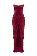 Strapless Front-Center Ruched Slit Evening Gown