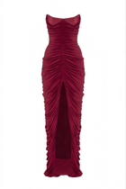 Strapless Front-Center Ruched Slit Evening Gown