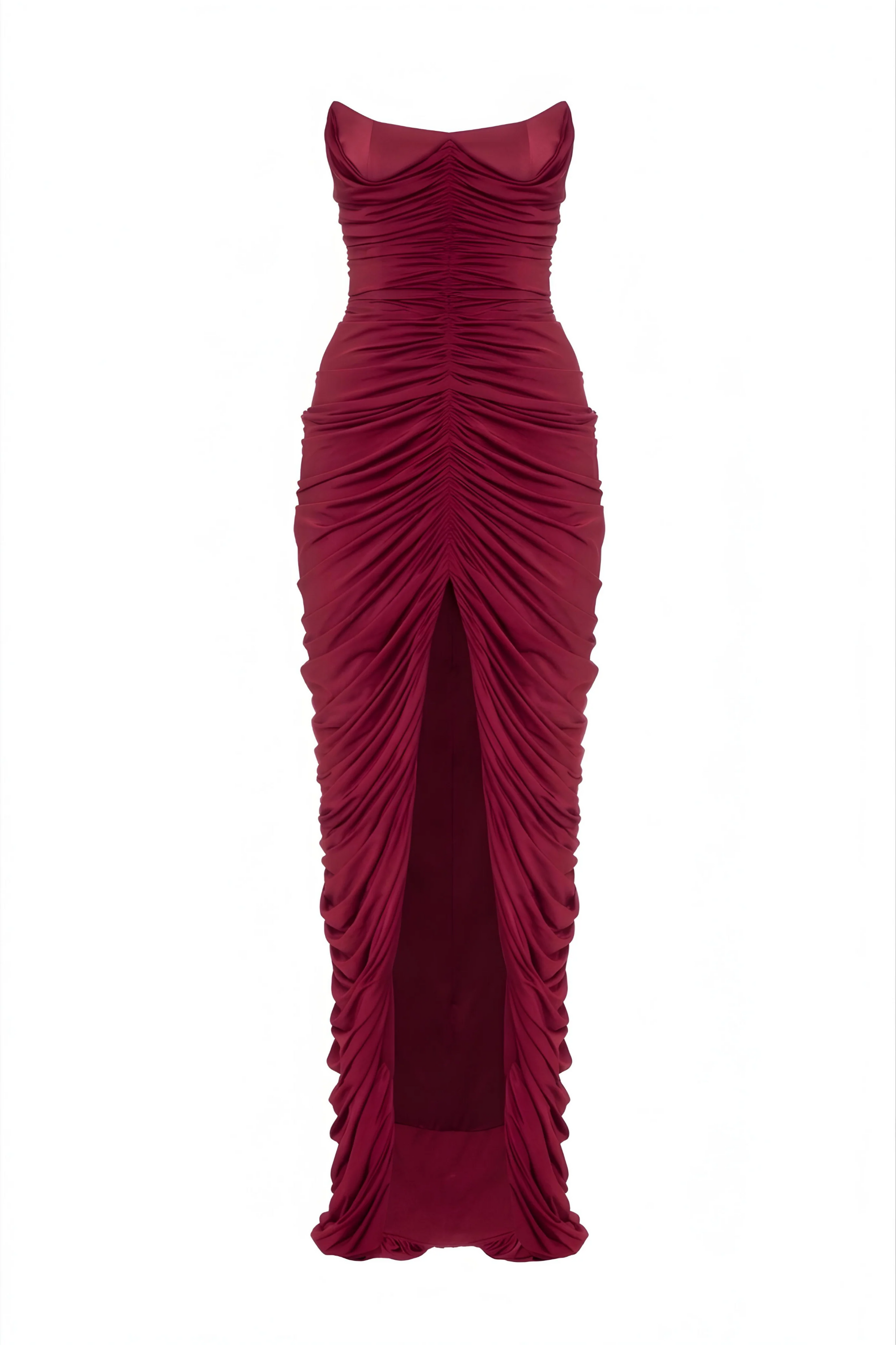 Strapless Front-Center Ruched Slit Evening Gown