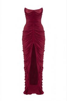 Strapless Front-Center Ruched Slit Evening Gown