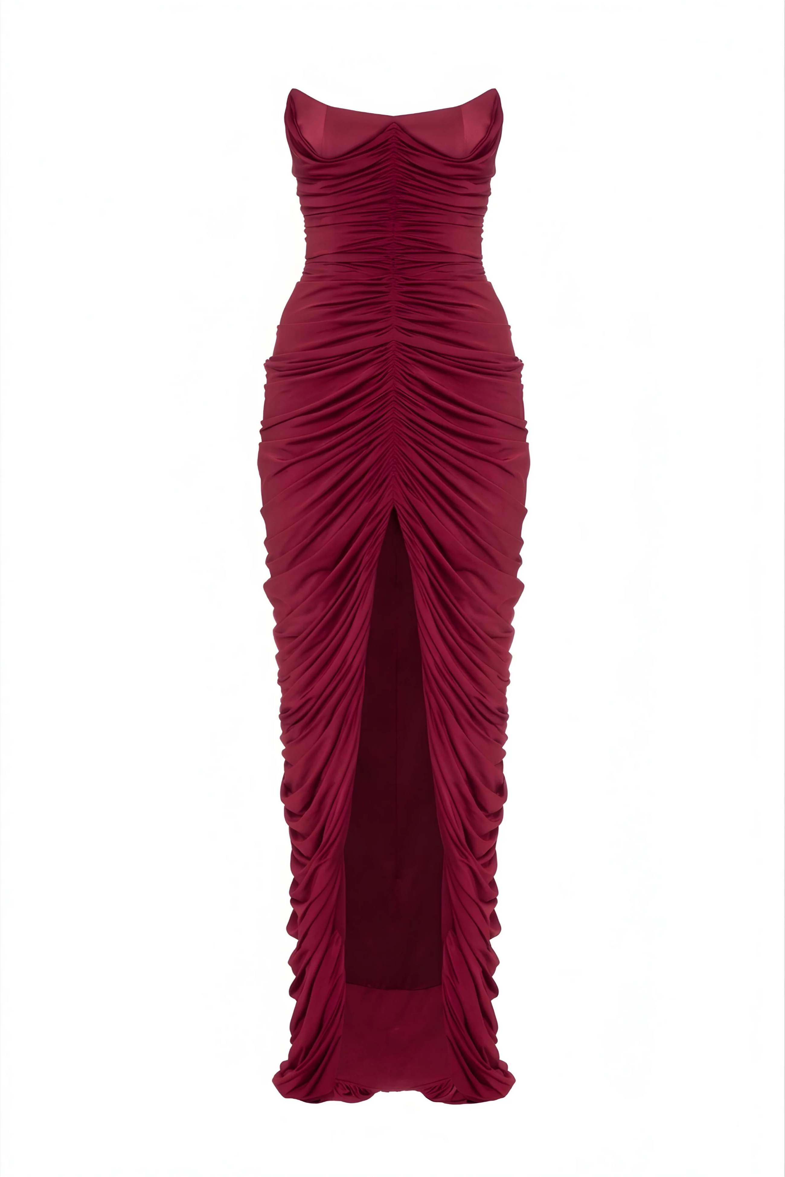 Strapless Front-Center Ruched Slit Evening Gown