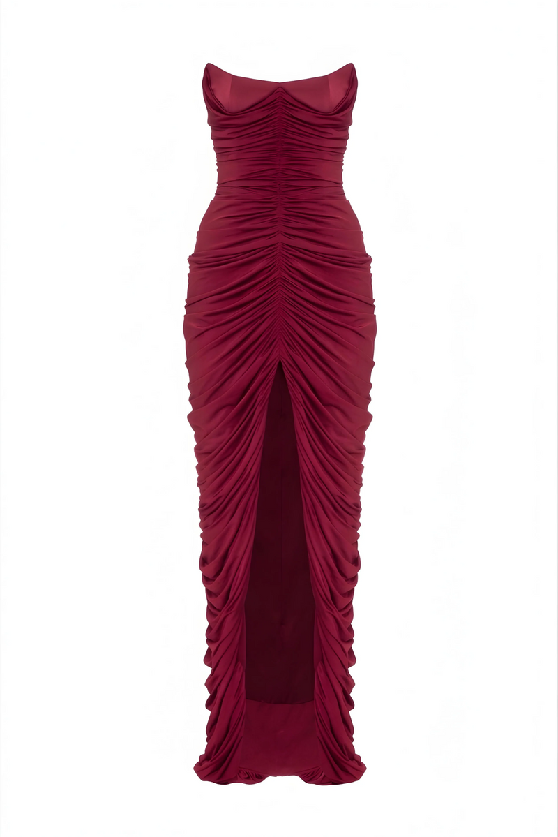 Strapless Front-Center Ruched Slit Evening Gown