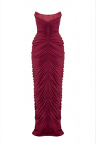 Strapless Front-Center Ruched Slit Evening Gown