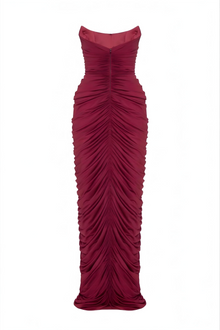 Strapless Front-Center Ruched Slit Evening Gown