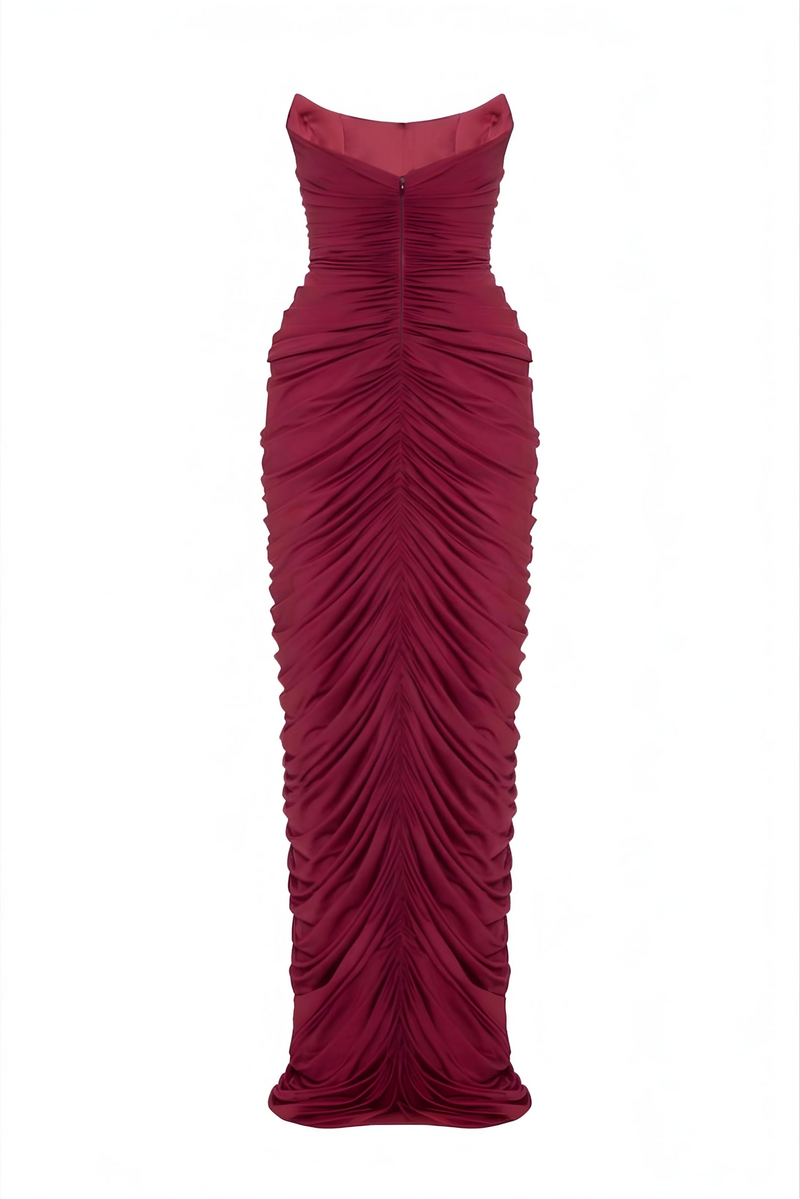 Strapless Front-Center Ruched Slit Evening Gown