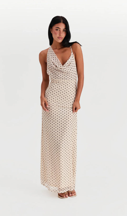 Asymmetric Cowl Polka Dot Maxi Dress