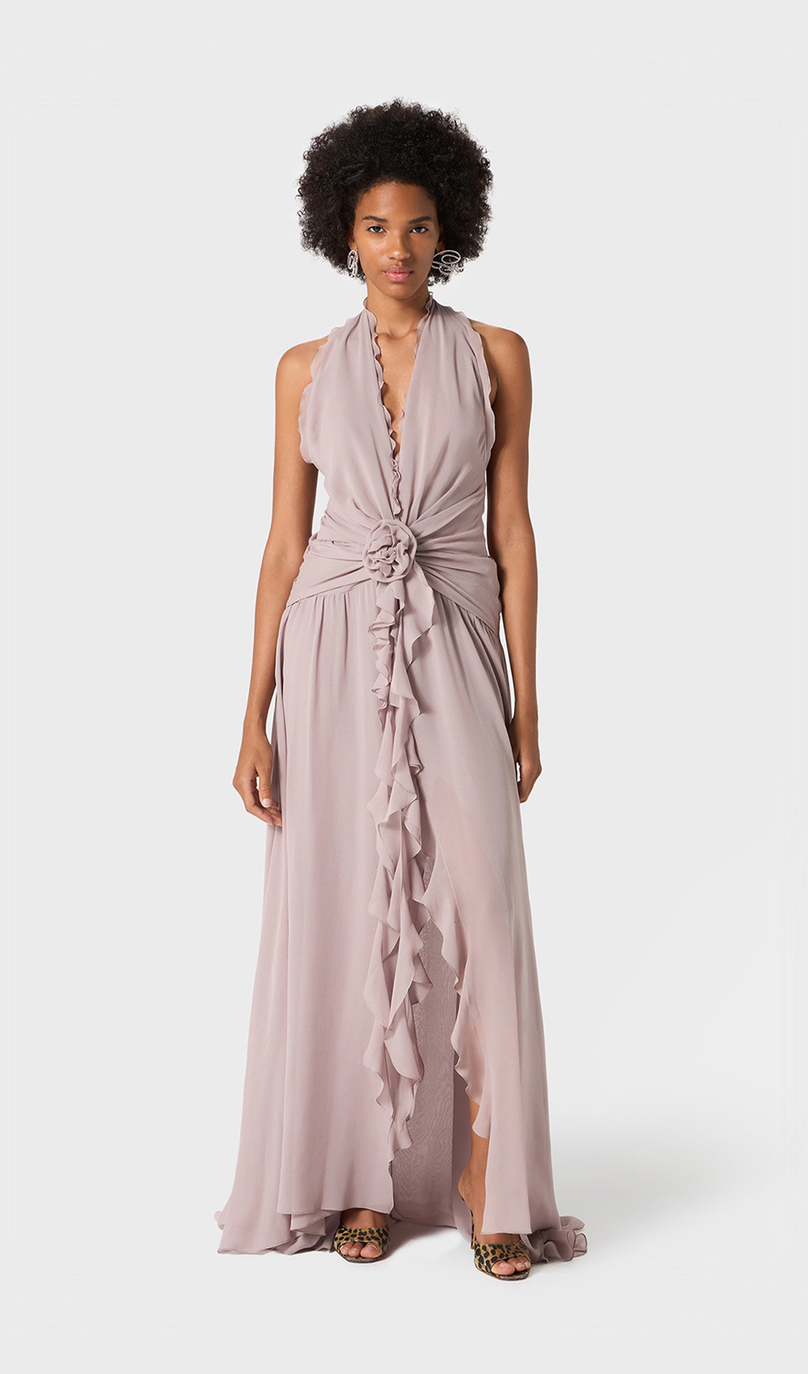 Halter Ruffles Rose Decoration Maxi Dress