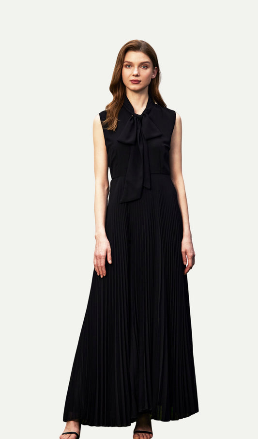 Stretch Knit Pleated Satin Midi Dress