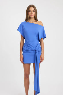 Blue Batwing-Sleeve Asymmetric One-Shoulder Waist-Drape Mini Dress