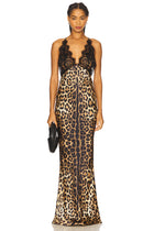 Halter Deep V-Neck Lace and Satin Leopard-Print Splicing Mermaid  Dress