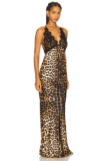 Halter Deep V-Neck Lace and Satin Leopard-Print Splicing Mermaid  Dress
