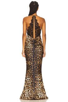 Halter Deep V-Neck Lace and Satin Leopard-Print Splicing Mermaid  Dress