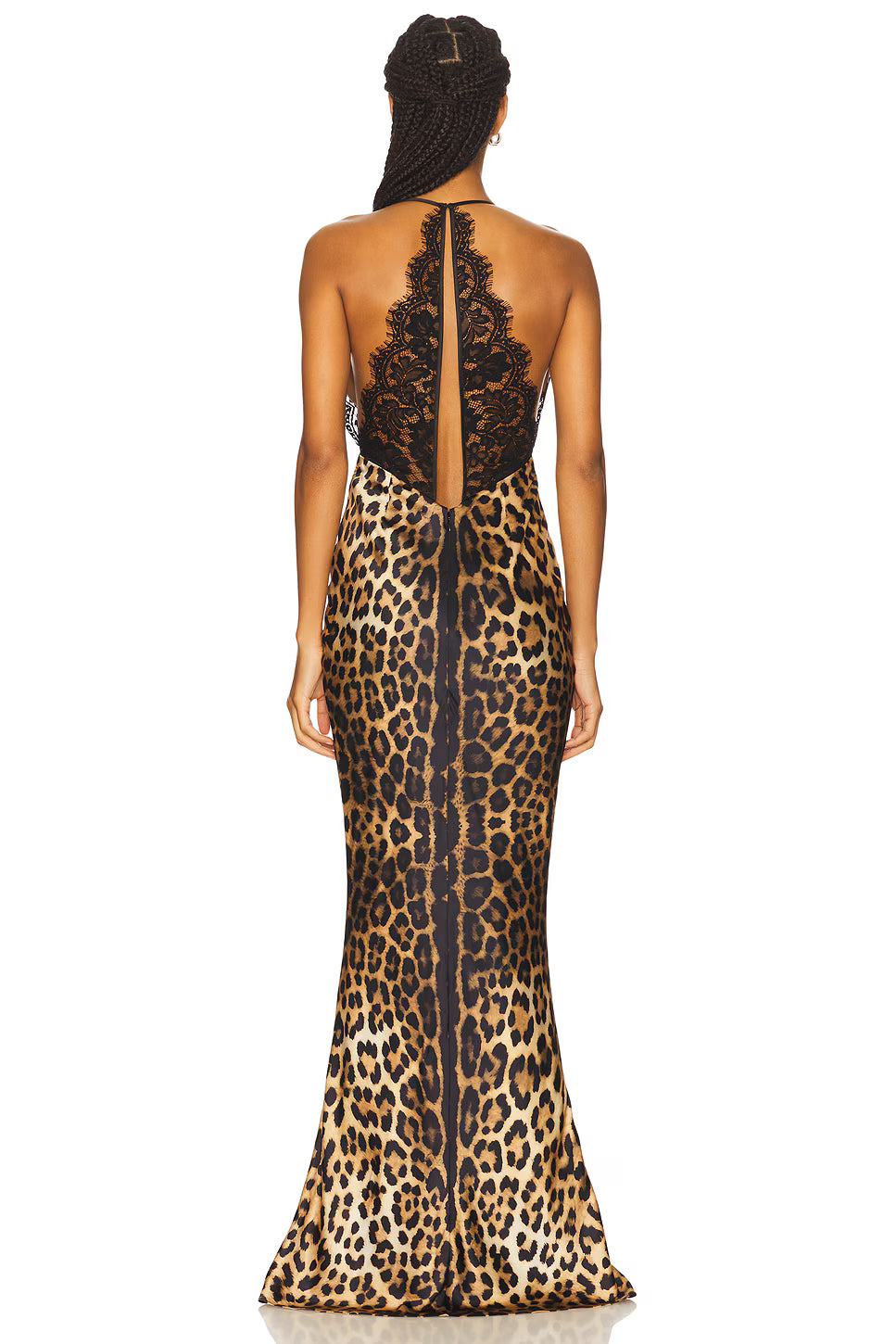 Halter Deep V-Neck Lace and Satin Leopard-Print Splicing Mermaid  Dress