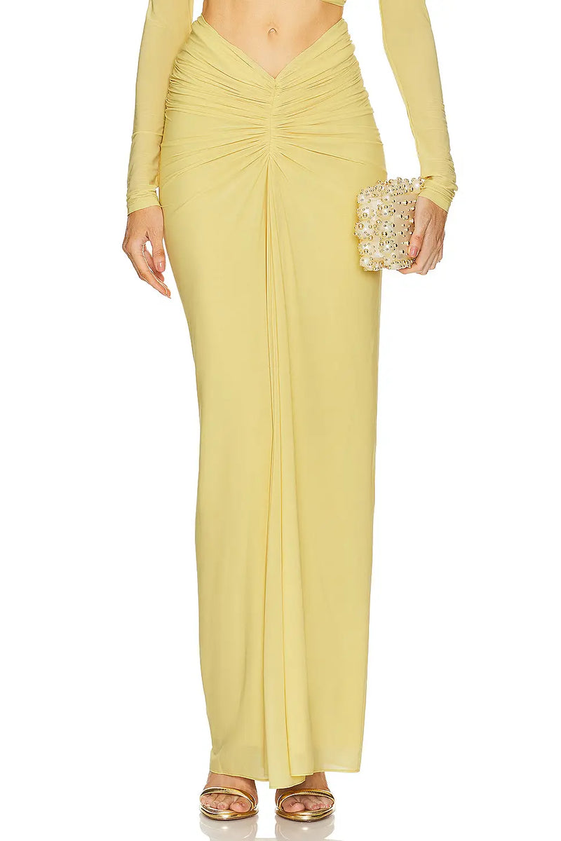 V-Neck Front Knot Cut-Out Top & Ruched Maxi Skirt Set