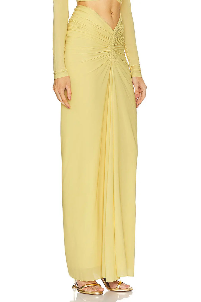 V-Neck Front Knot Cut-Out Top & Ruched Maxi Skirt Set
