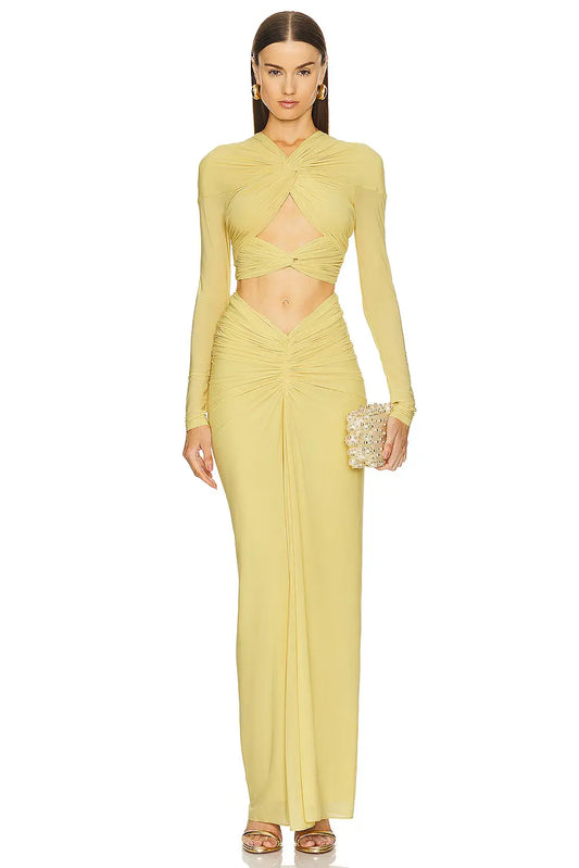 V-Neck Front Knot Cut-Out Top & Ruched Maxi Skirt Set