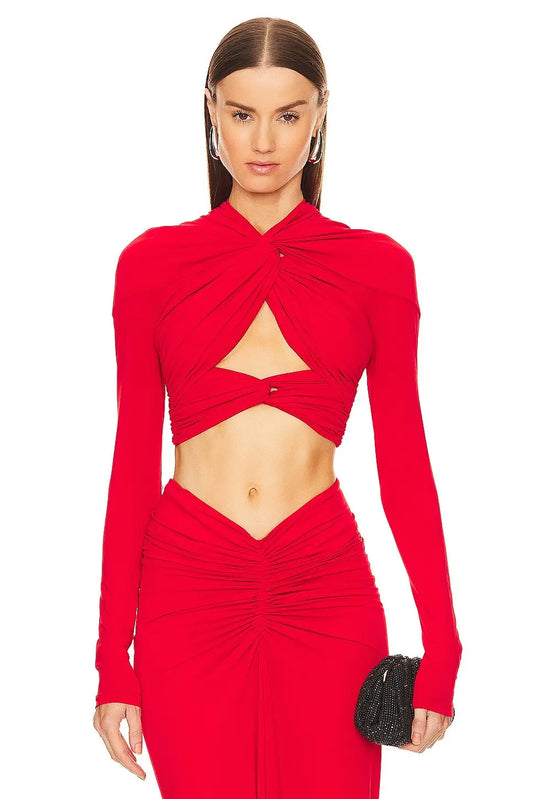 V-Neck Front Knot Cut-Out Top & Ruched Maxi Skirt Set