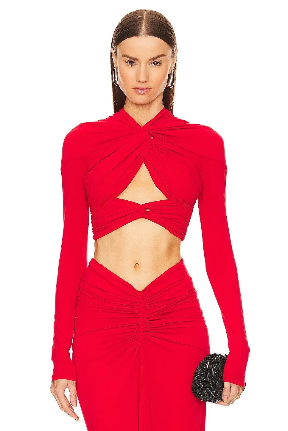 V-Neck Front Knot Cut-Out Top & Ruched Maxi Skirt Set