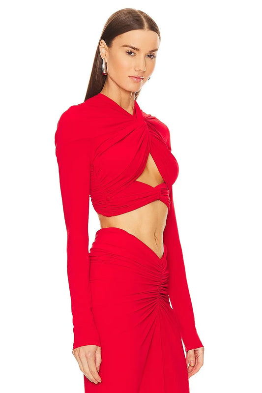 V-Neck Front Knot Cut-Out Top & Ruched Maxi Skirt Set