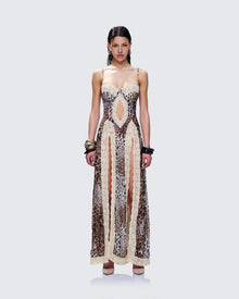 Spaghetti Strap Leopard Lace-Trim Front-Center Cutout High-Slit Dress