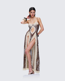 Spaghetti Strap Leopard Lace-Trim Front-Center Cutout High-Slit Dress