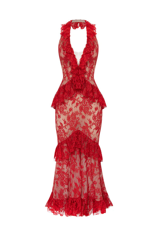 Lace midi dress with ruffles