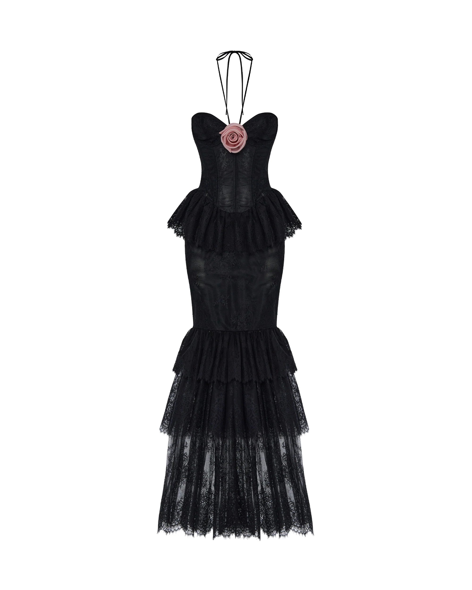 Strapless Corset-Style Halter-Tie 3D Floral Lace Dress