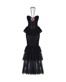 Strapless Corset-Style Halter-Tie 3D Floral Lace Dress
