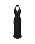 High-Neck Deep-V Backless Satin Black Dress