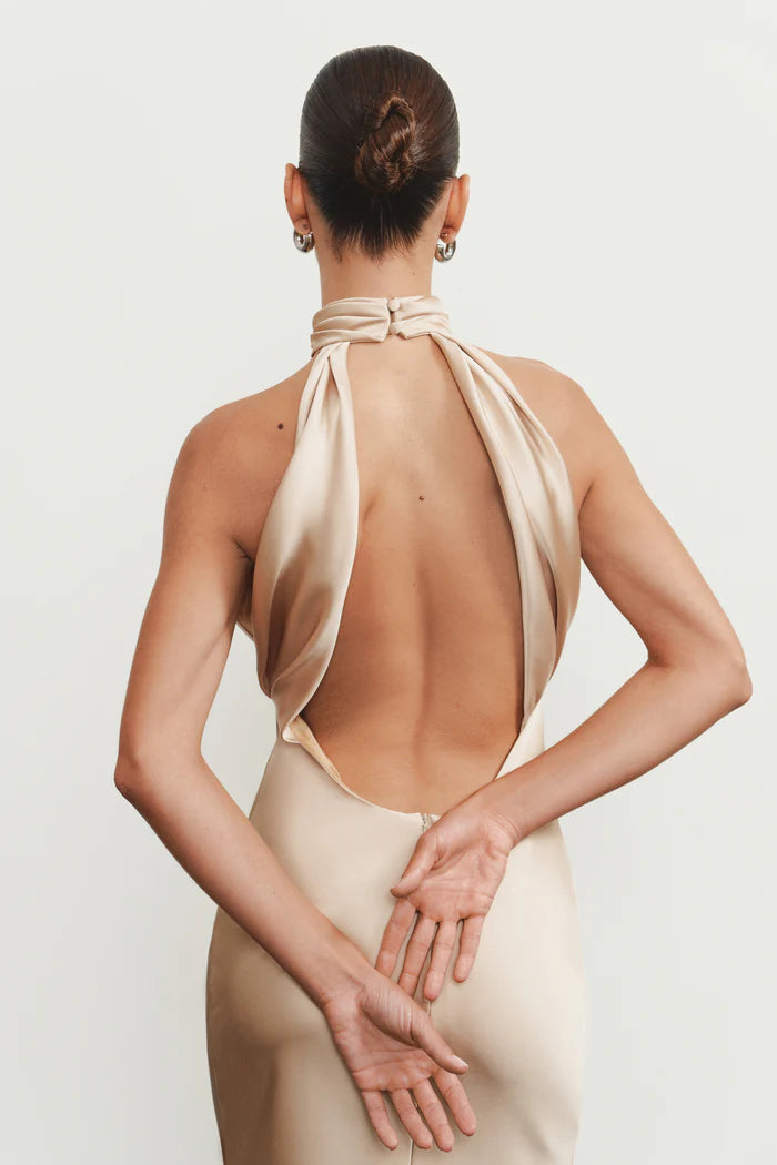 High-Neck Deep-V Backless Satin Dress