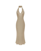 High-Neck Deep-V Backless Satin Dress