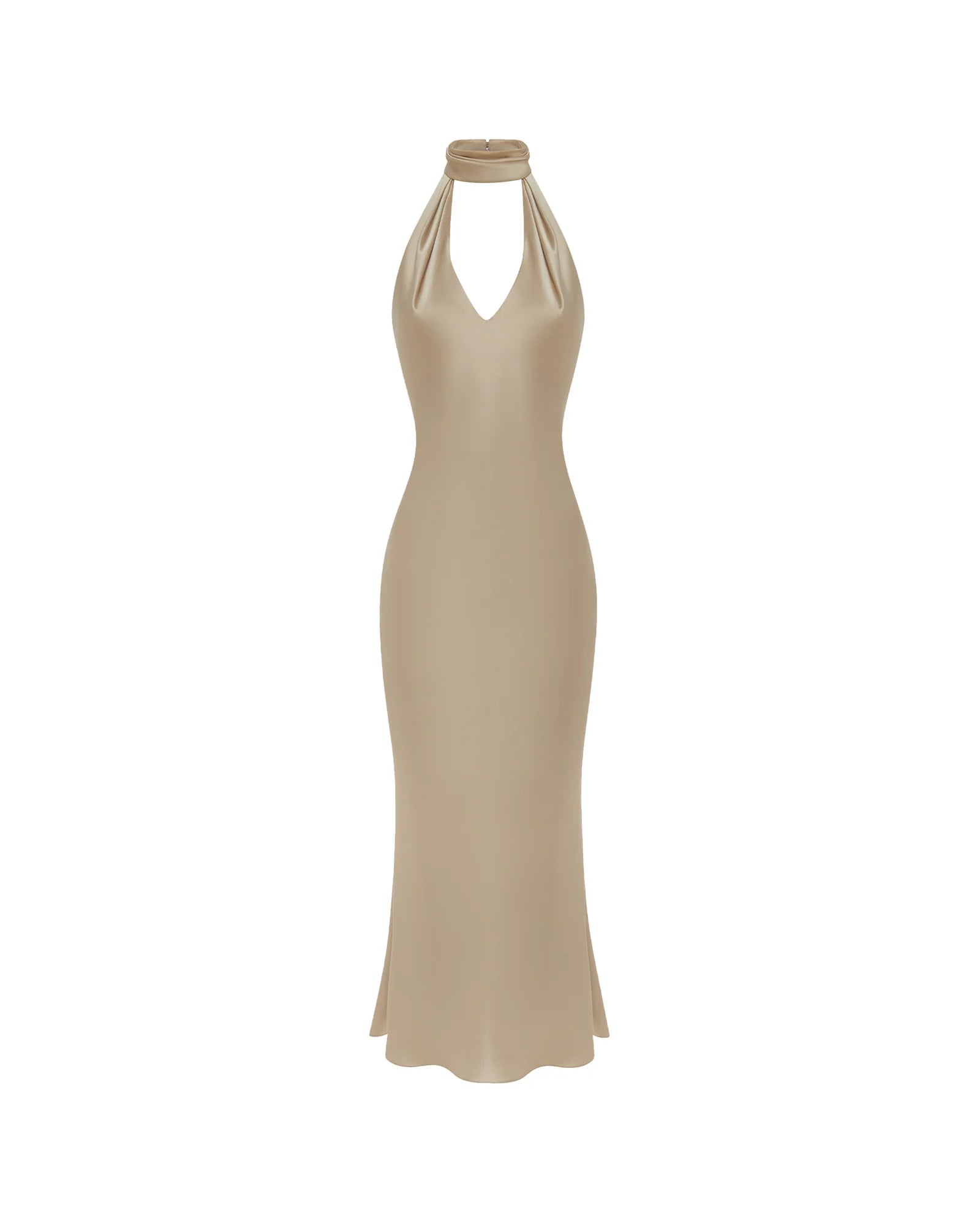 High-Neck Deep-V Backless Satin Dress