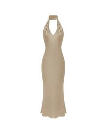 High-Neck Deep-V Backless Satin Dress