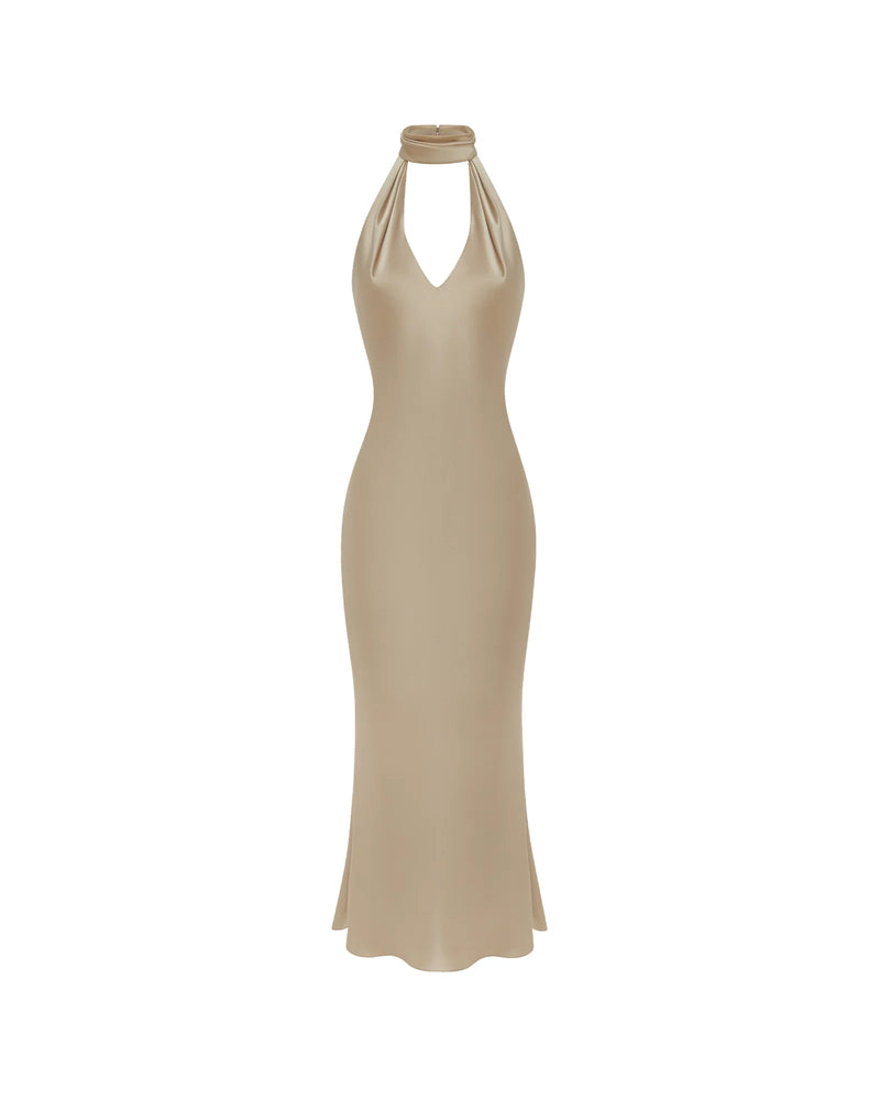 High-Neck Deep-V Backless Satin Dress