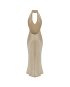 High-Neck Deep-V Backless Satin Dress