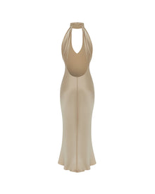 High-Neck Deep-V Backless Satin Dress