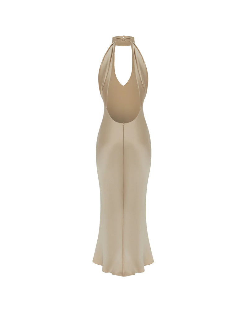High-Neck Deep-V Backless Satin Dress