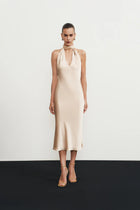 High-Neck Deep-V Backless Satin Dress