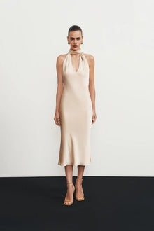 High-Neck Deep-V Backless Satin Dress