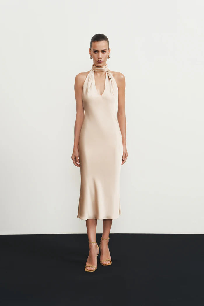 High-Neck Deep-V Backless Satin Dress