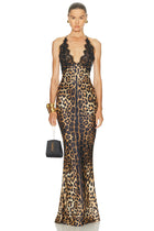 Halter Deep V-Neck Lace and Satin Leopard-Print Splicing Mermaid  Dress