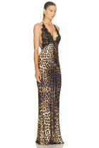 Halter Deep V-Neck Lace and Satin Leopard-Print Splicing Mermaid  Dress