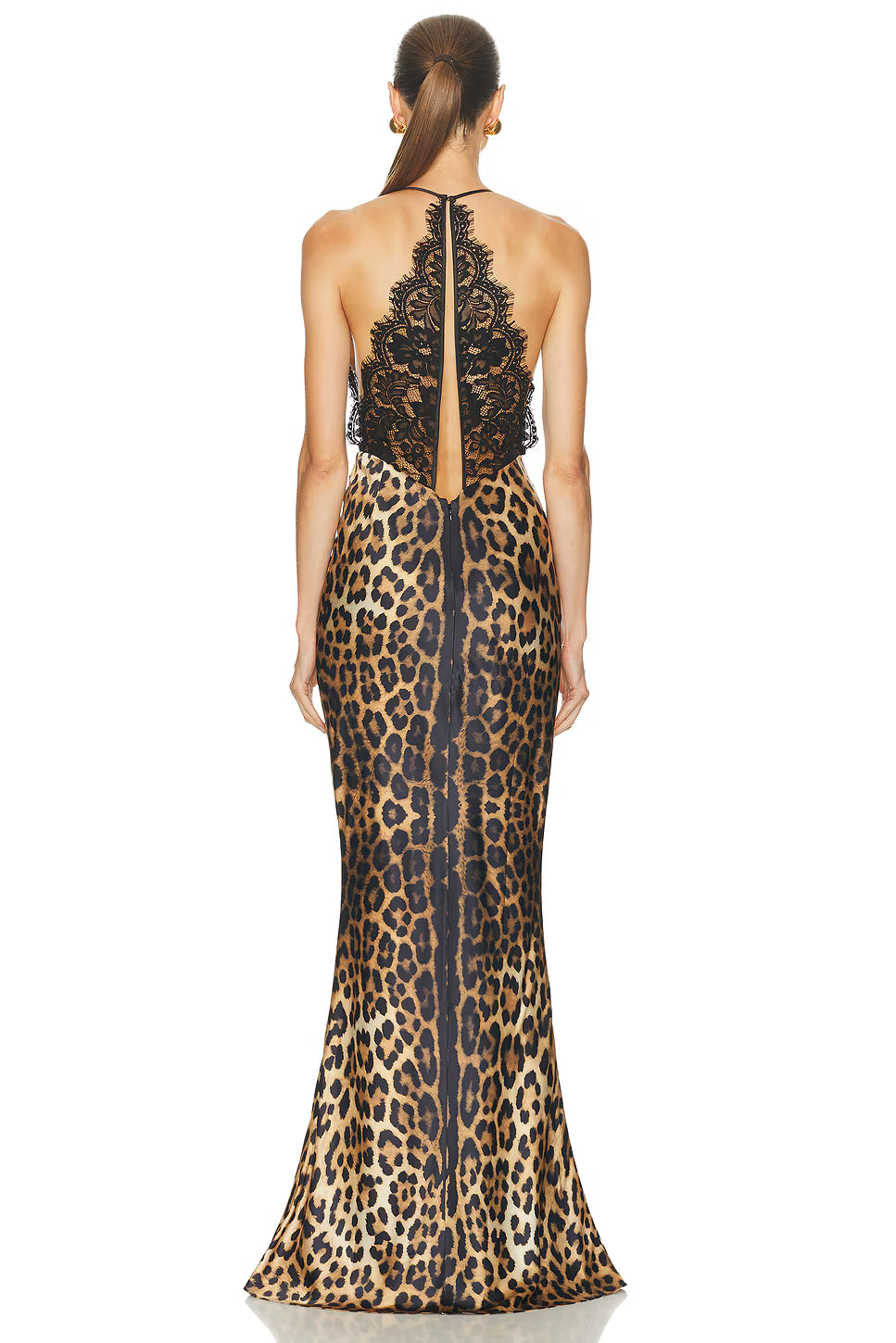 Halter Deep V-Neck Lace and Satin Leopard-Print Splicing Mermaid  Dress