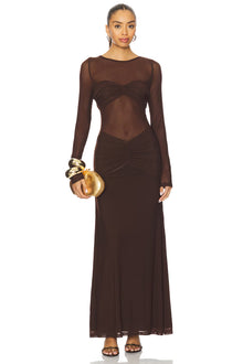 Mesh Splicing Round-Neck Long-Sleeve Ruched Dress