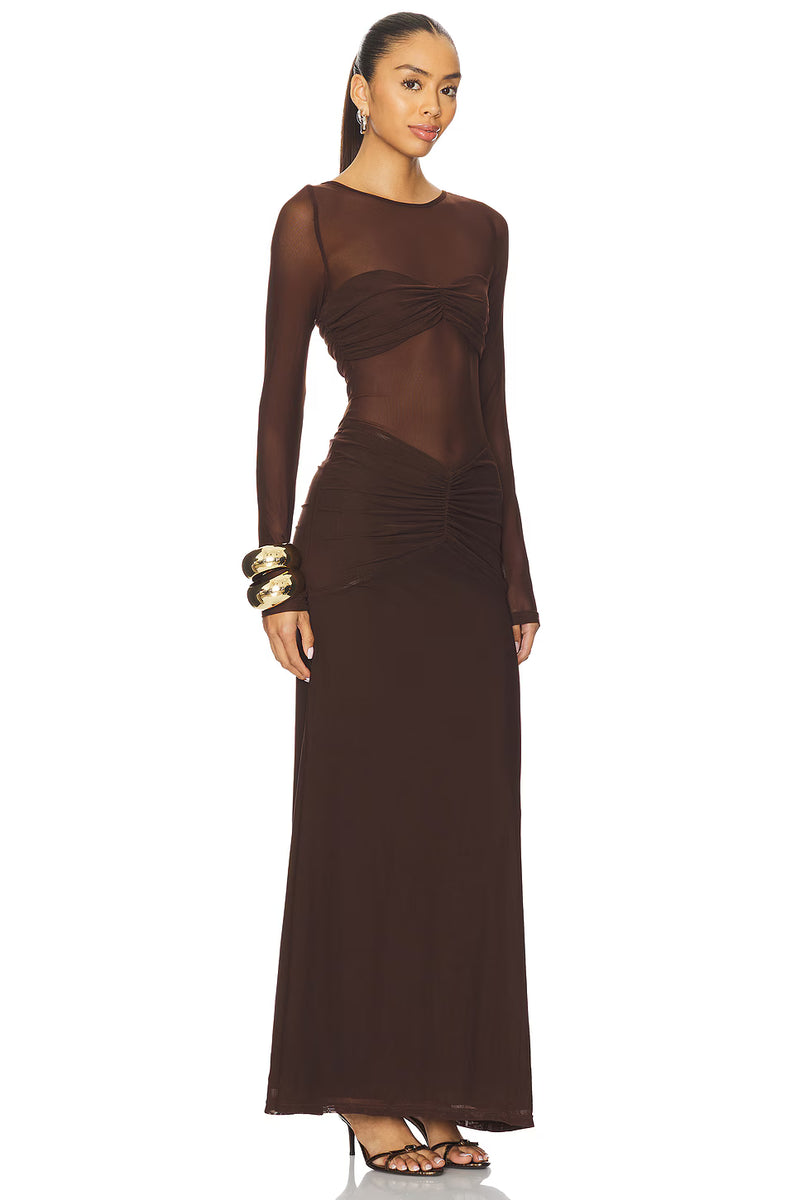 Mesh Splicing Round-Neck Long-Sleeve Ruched Dress