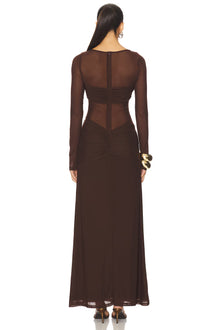 Mesh Splicing Round-Neck Long-Sleeve Ruched Dress