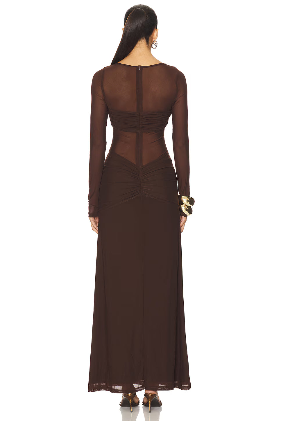 Mesh Splicing Round-Neck Long-Sleeve Ruched Dress